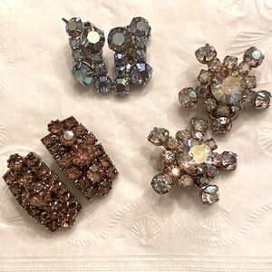 set of 3 vintage aurora borealis blue/smoky topaz glass stone clip on earrings